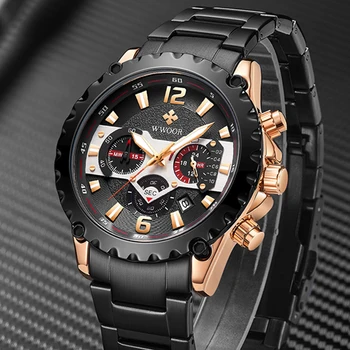 WWOOR 2021 Sporto Kvarciniai Laikrodžiai Vyrų Mados Black Watch Top Brand Prabangus Nerūdijančio Plieno, atsparus Vandeniui Chronograph Riešo Žiūrėti