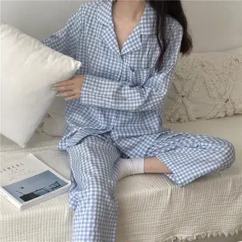 Korėjos Stiliaus Pledas Spausdinti Pižama Rinkinys Moterims 2021 M. Rudenį Visą Rankovės, Ilgos Kelnės, 2 vnt. Rinkinys Atsitiktinis Palaidų Sleepwear Homewear